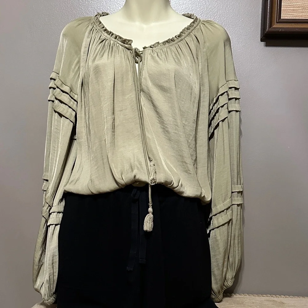 Free People All Tucks Bodysuit with Tassel Tie & Balloon Sleeves XS green